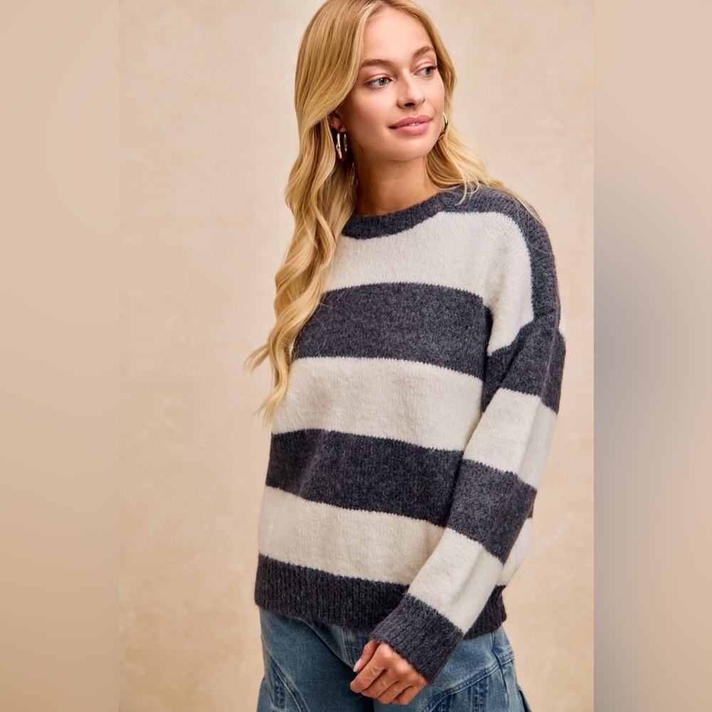 BiBi Wide Stripe Fuzzy Knit Round Neck Sweater